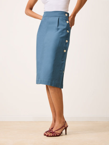 SHERYL denim blue straight midi skirt, back view with tie detail by Rouje