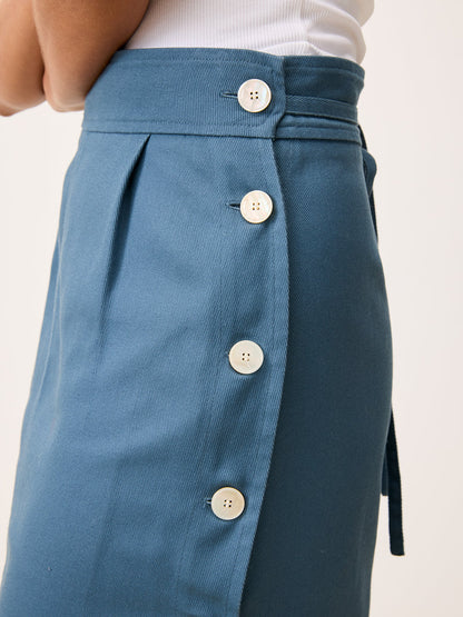 SHERYL denim blue midi skirt, detail of buttons by Rouje