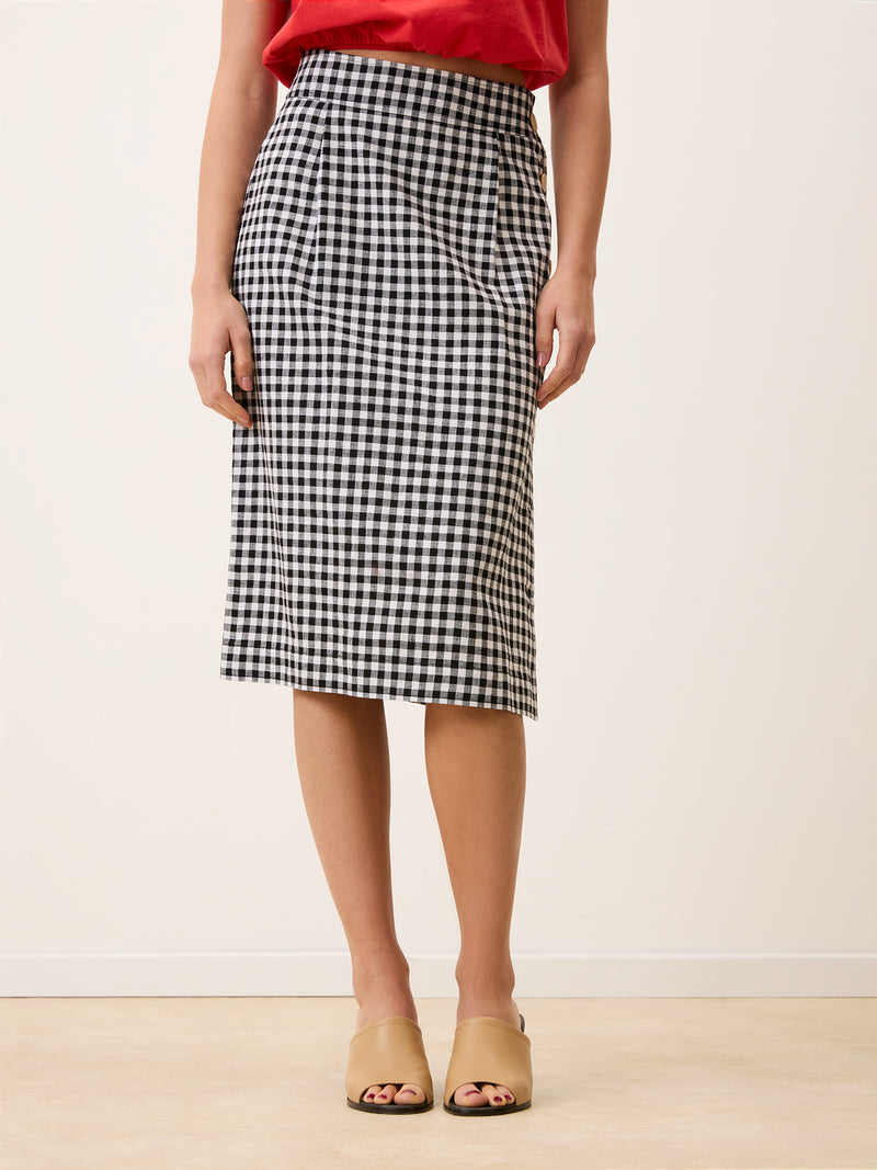 SHERYL black gingham straight midi skirt, 3/4 view by Rouje