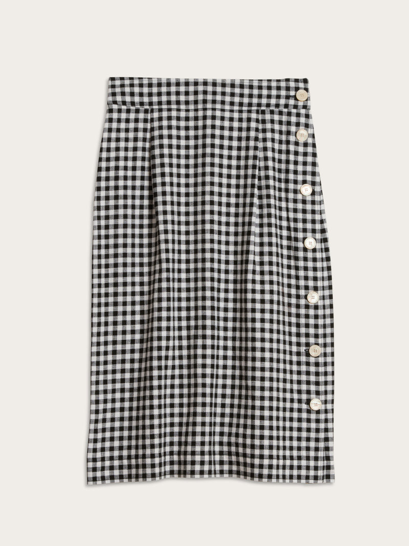 SHERYL black gingham straight buttoned midi skirt, flat packshot by Rouje