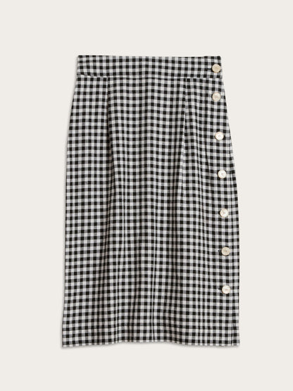 SHERYL black gingham straight buttoned midi skirt, flat packshot by Rouje