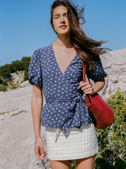 STEPHIE ecru kitchen-check short cotton skirt, front view by Rouje
