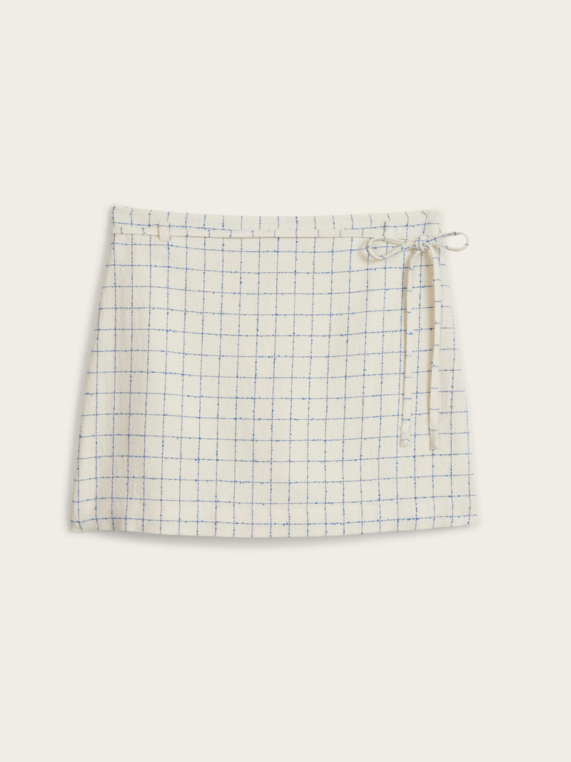 STEPHIE ecru kitchen-check short cotton skirt, flat packshot by Rouje