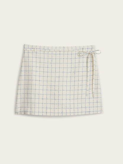 STEPHIE ecru kitchen-check short cotton skirt, flat packshot by Rouje