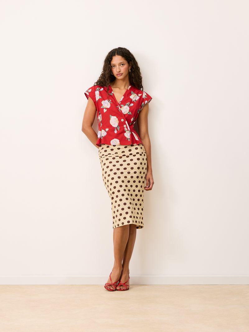 SUZANNA cream Dottie print stretch cotton midi tube skirt, front view by Rouje