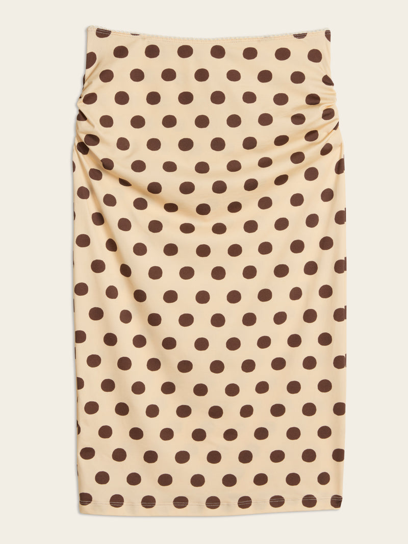SUZANNA cream Dottie print stretch cotton midi tube skirt, flat packshot by Rouje