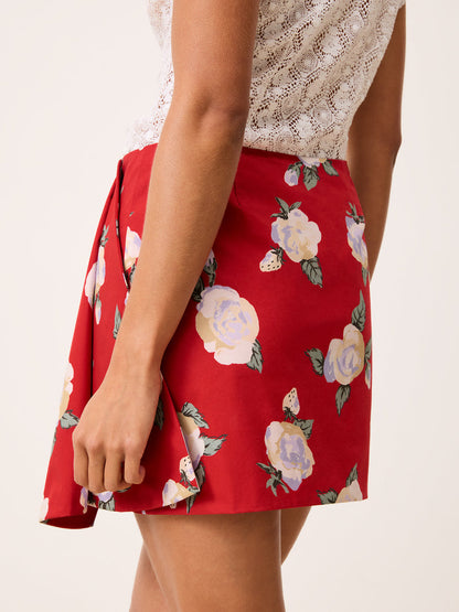 VOLVER red floral short skirt, detail of side ruffle by Rouje