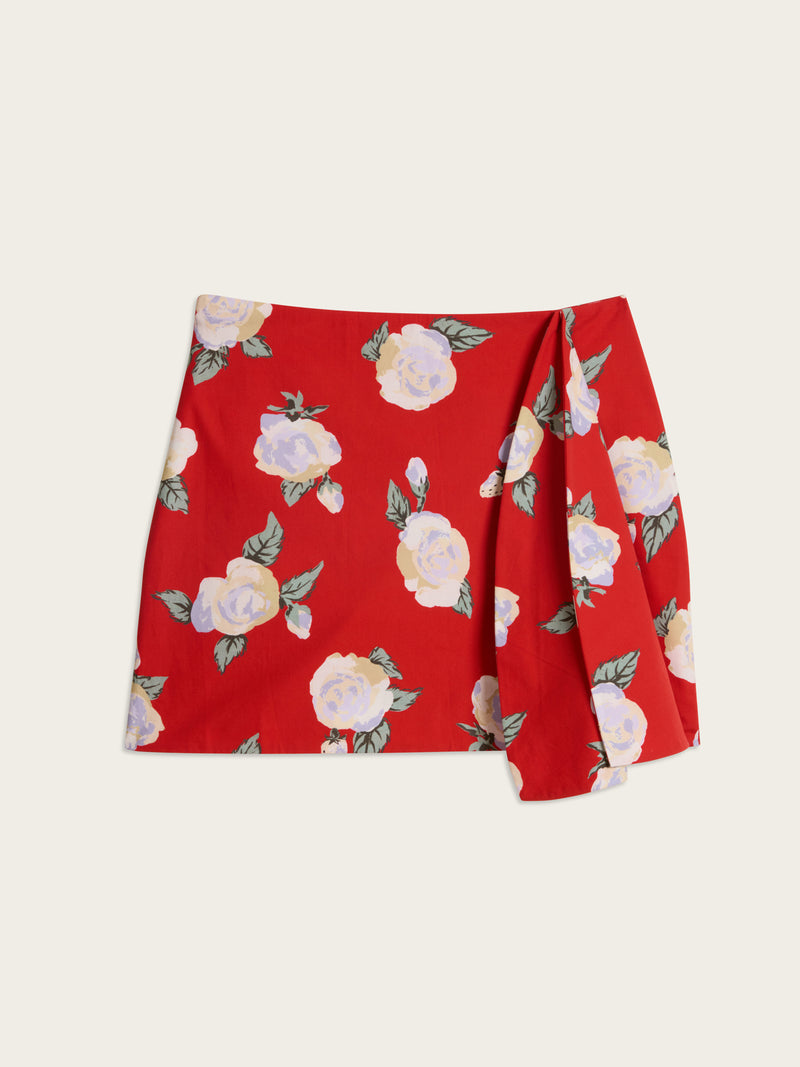 VOLVER Rose Drama red floral print short skirt, flat packshot by Rouje
