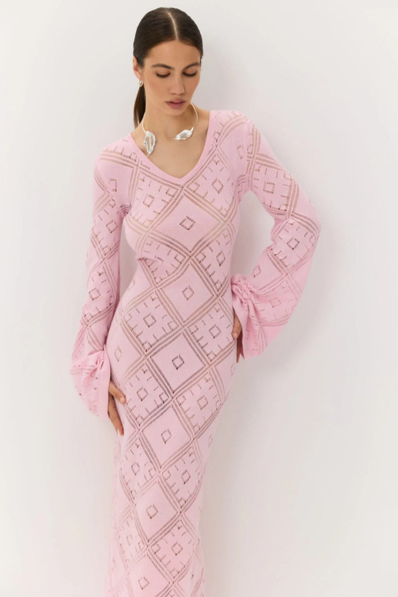Knit Argyle Jacquard Long Sleeve Maxi Dress