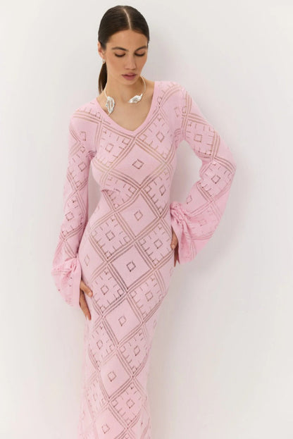 Knit Argyle Jacquard Long Sleeve Maxi Dress