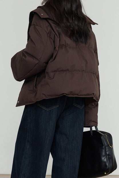 Knit Collar White Duck Down Puffer Jacket One Size / Brown