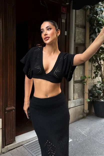 Knit Openwork V-Neck Cropped Bodycon Two Piece Set Black / S