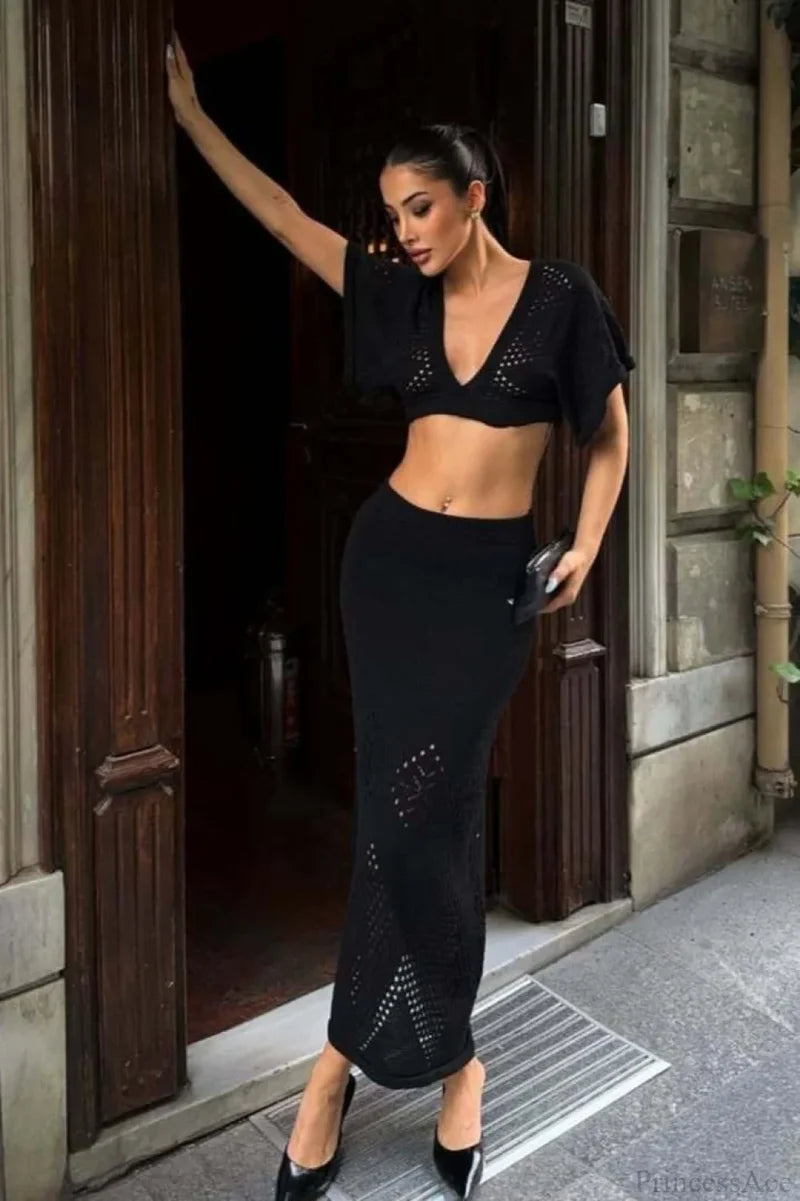 Knit Openwork V-Neck Cropped Bodycon Two Piece Set
