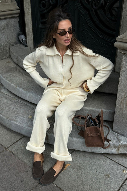 Knit Ribbed Collar Long Sleeve Loose Two Piece Set