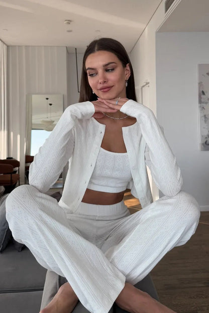 Knitted Cotton Jacquard Cropped Long Sleeve Three Piece Set