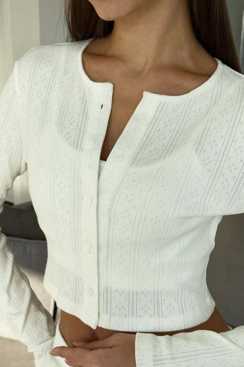 Knitted Cotton Jacquard Cropped Long Sleeve Three Piece Set