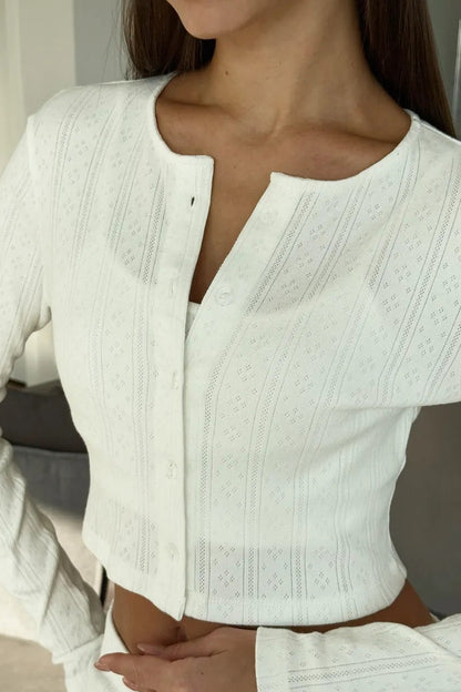Knitted Cotton Jacquard Cropped Long Sleeve Three Piece Set