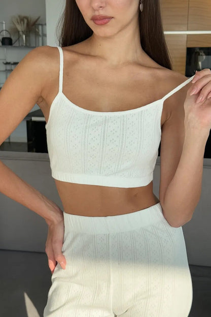 Knitted Cotton Jacquard Cropped Long Sleeve Three Piece Set