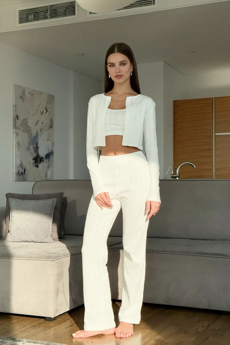 Knitted Cotton Jacquard Cropped Long Sleeve Three Piece Set