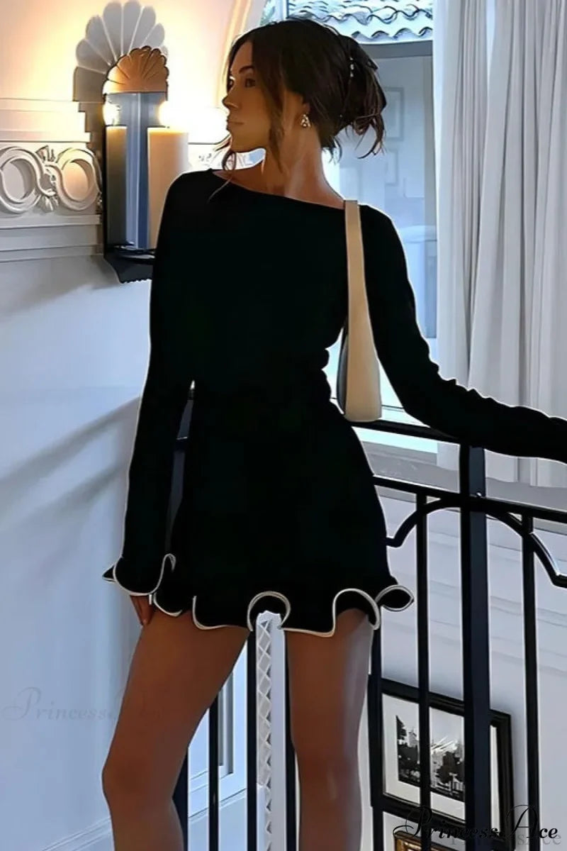Knitted Ruffled Tight Long Sleeve Mini Dress