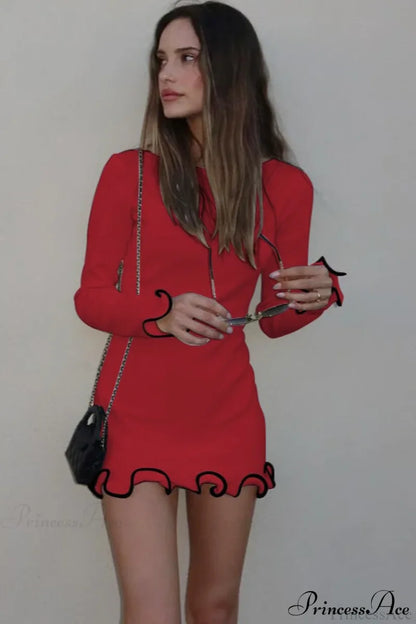 Knitted Ruffled Tight Long Sleeve Mini Dress