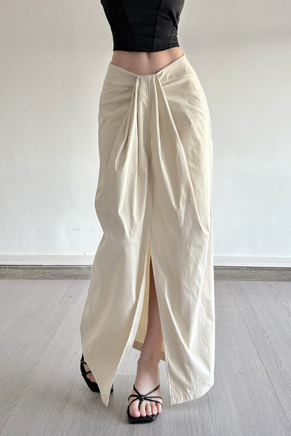 Knotted Waist Solid High-Slit Bodycon Skirt