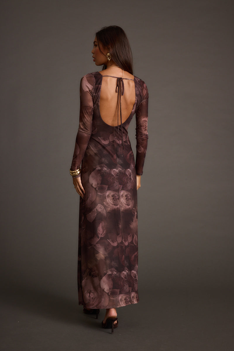 Back view of the plum mesh maxi dress showing the silhouette and fit.
