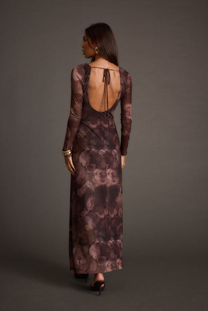 Back view of the plum mesh maxi dress showing the silhouette and fit.