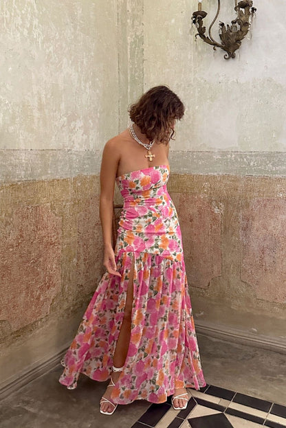 LaBelle Strapless Drop Waist Pink Floral Maxi Dress styled in a complete look from an alternate angle.