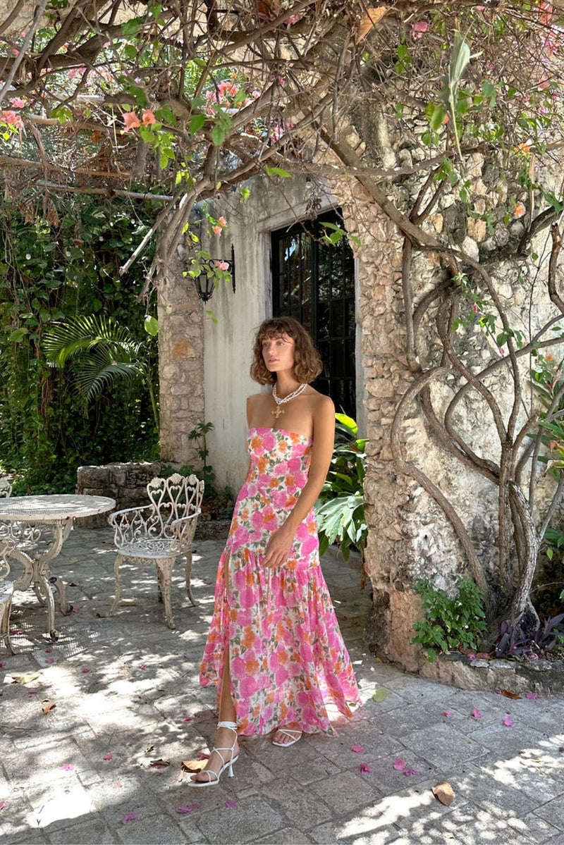 LaBelle Strapless Drop Waist Pink Floral Maxi Dress paired with complementary accessories for a polished look.