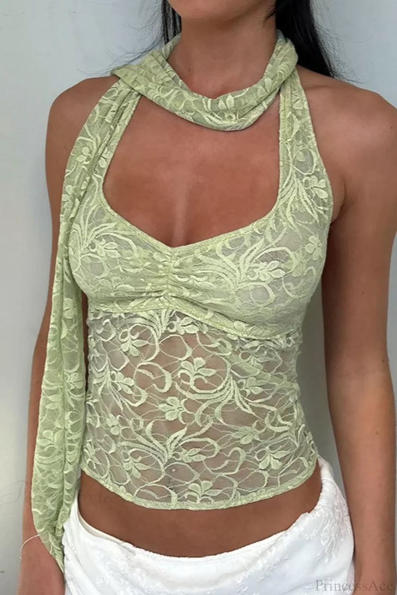 Lace Cowl Neck Halter Vacation Cami Top Green / S