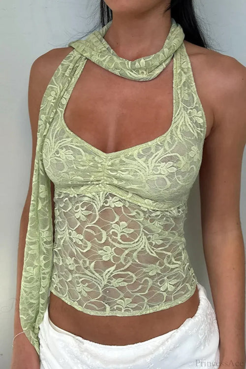Lace Cowl Neck Halter Vacation Cami Top Green / S