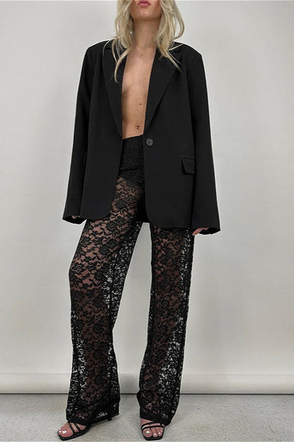 Lace Cutout Paneled High-Rise Straight Pants