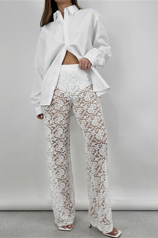 Lace Cutout Paneled High-Rise Straight Pants