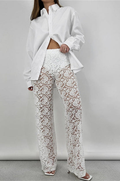 Lace Cutout Paneled High-Rise Straight Pants