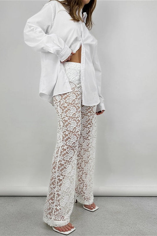Lace Cutout Paneled High-Rise Straight Pants