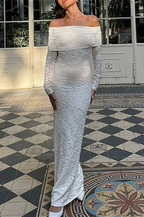 Lace Embroidered Off Shoulder Fitted Maxi Dress White / S