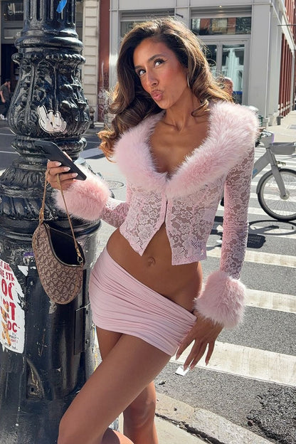 Lace Fleece Long Sleeve Two Piece Set