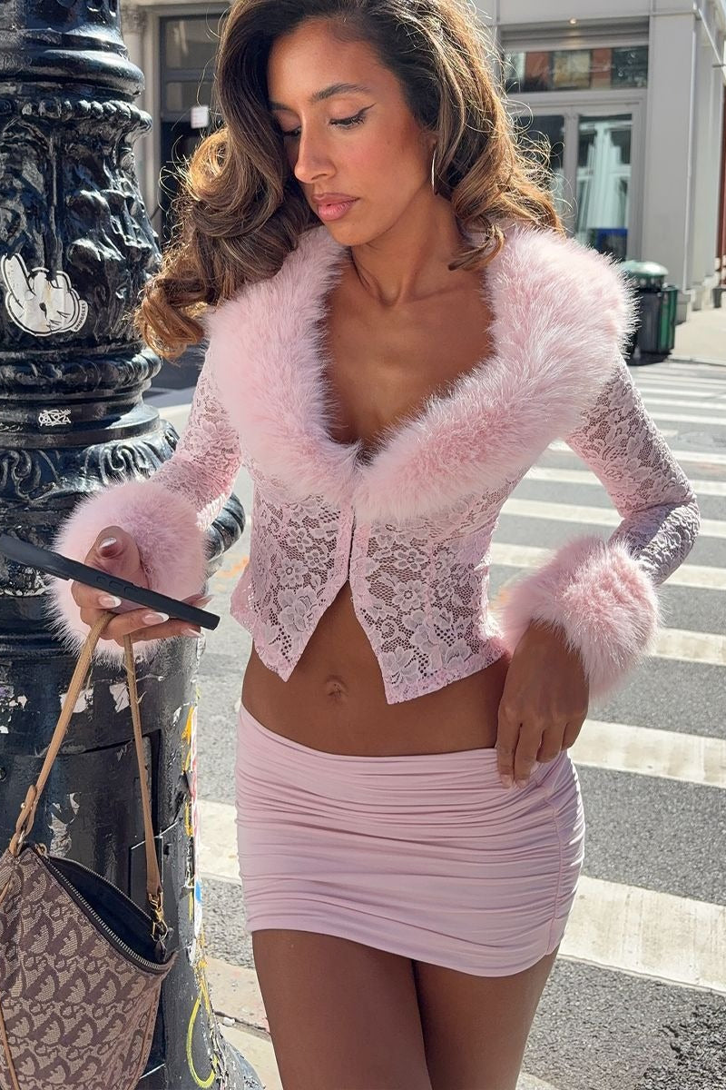 Lace Fleece Long Sleeve Two Piece Set