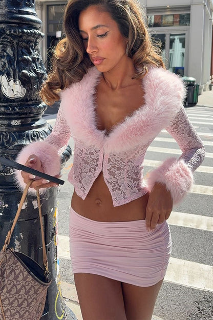 Lace Fleece Long Sleeve Two Piece Set