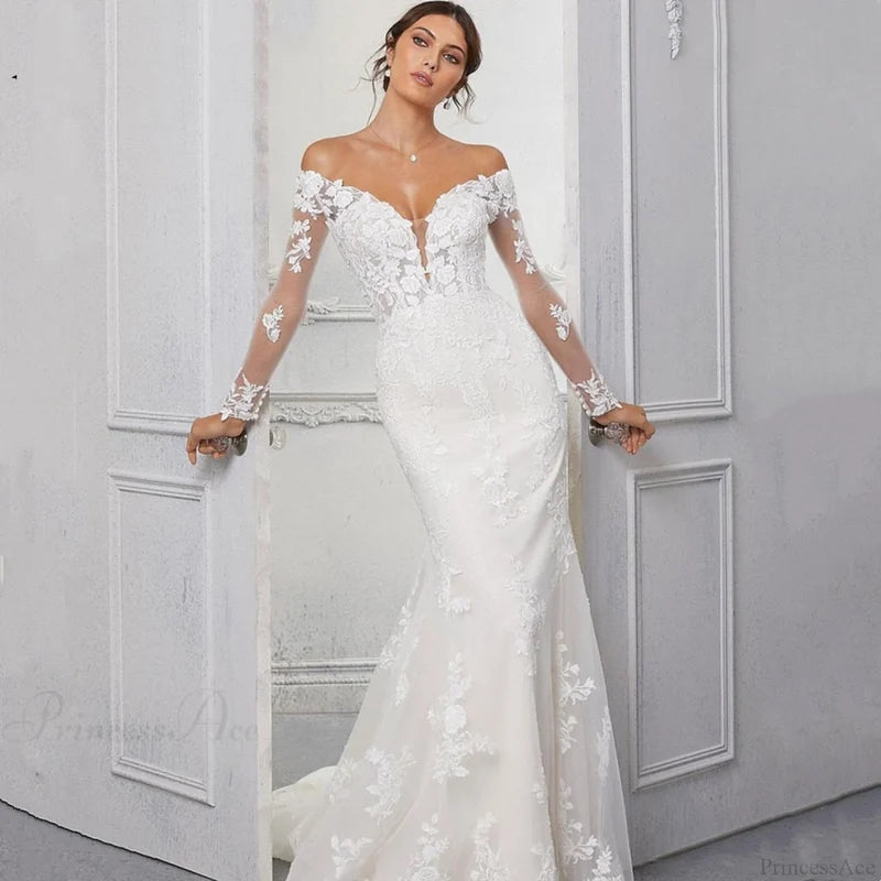 Lace Mermaid Long Train Wedding Dress lvory white / 2 weddingdress-250223