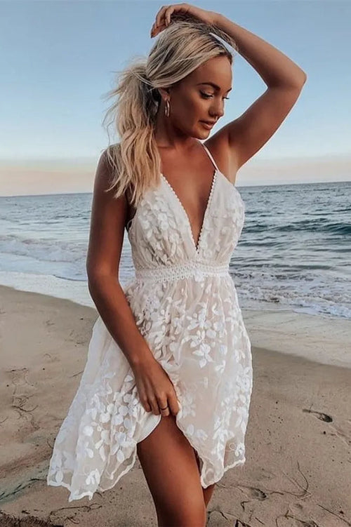 Lace Mesh Backless Boho Dress White / S