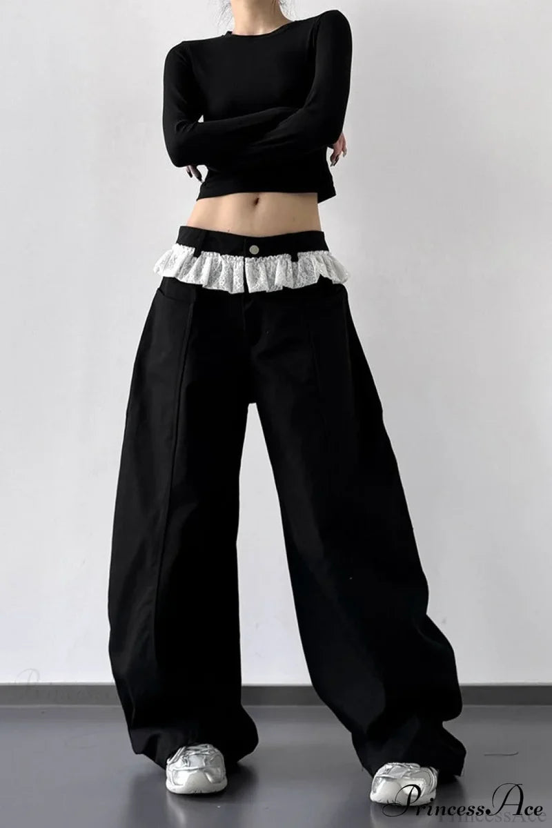 Lace Panel High Waist Wide Leg Jeans Black / S