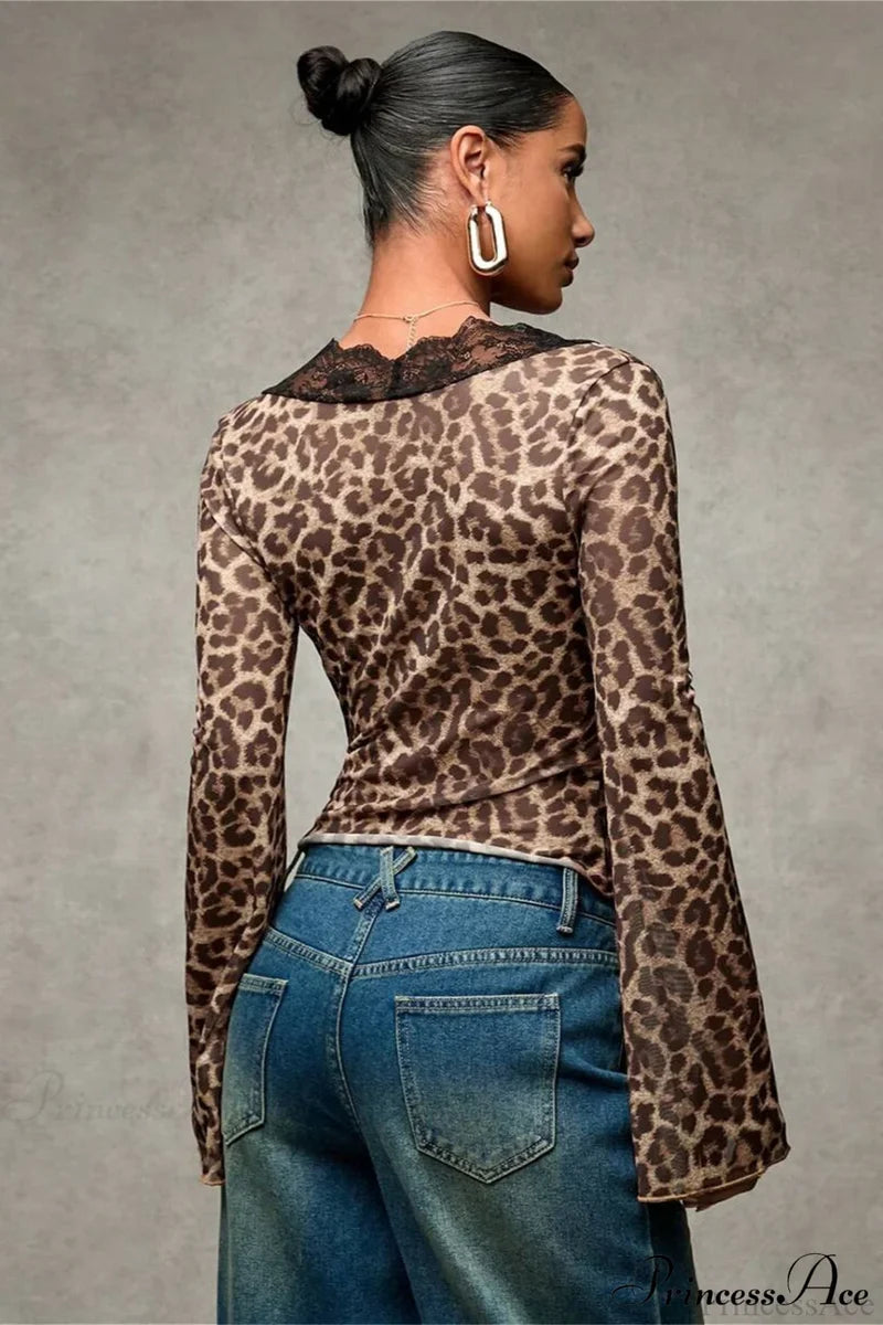 Lace Panel Leopard Slim Flared Sleeve Long Sleeve Tee