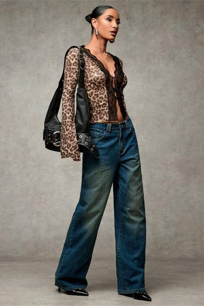 Lace Paneled Leopard Print Ruffled Cardigan Blouse