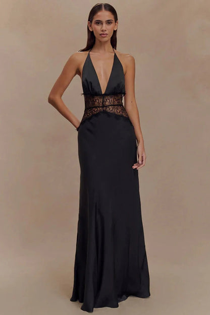 Lace Patchwork Backless Halter Boho Dress Black / S