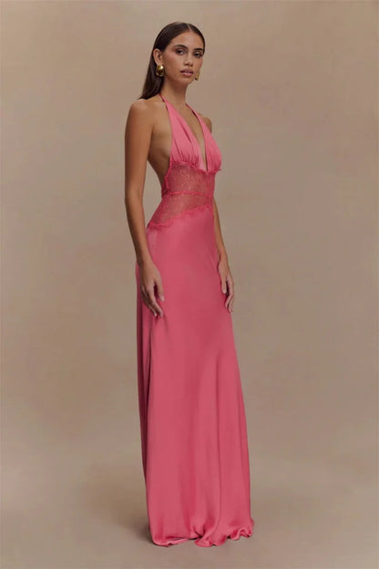 Lace Patchwork Backless Halter Boho Dress Pink / S