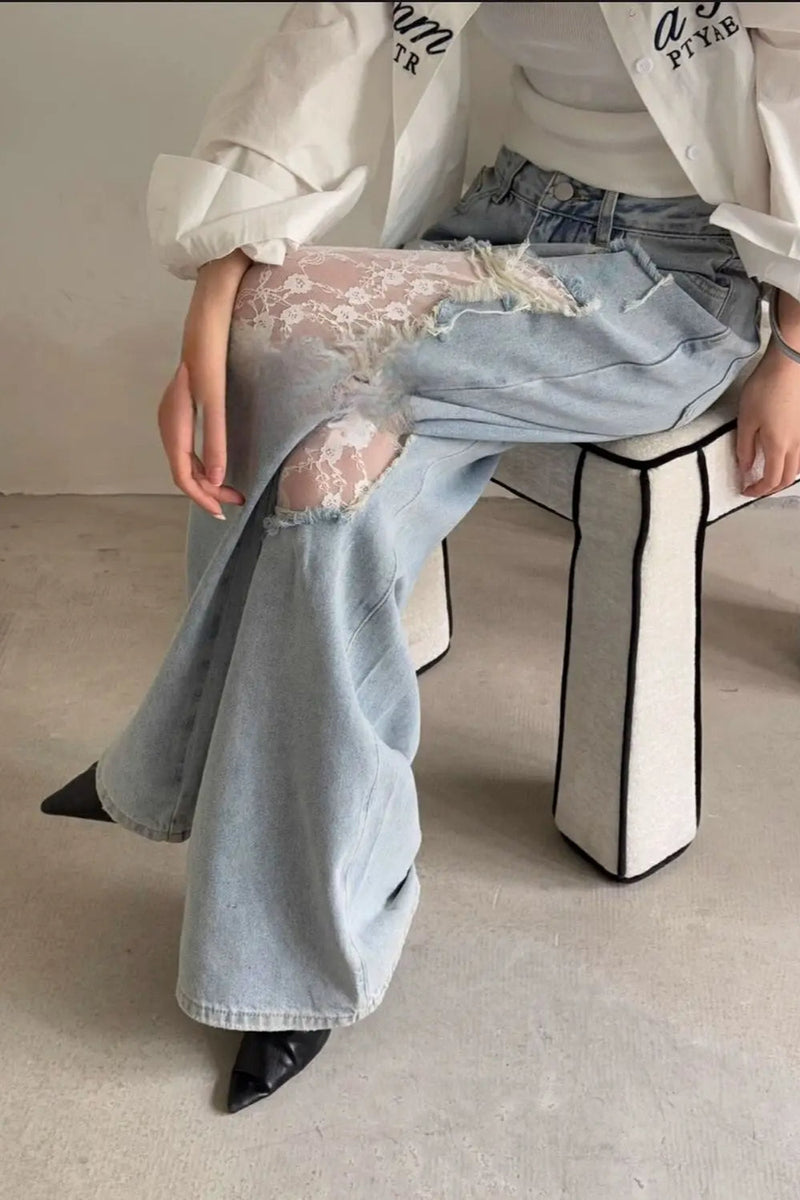 Lace Patchwork Ripped Loose Jeans