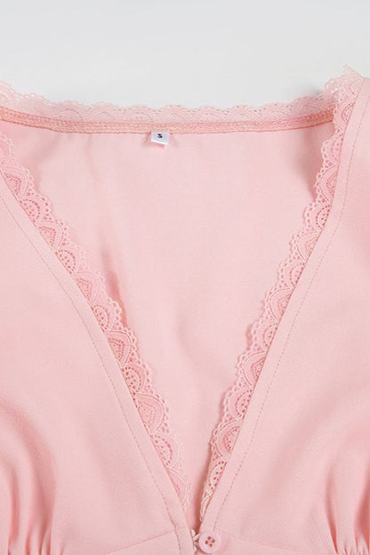 Lace Patchwork V Neck Puff Sleeve Blouse