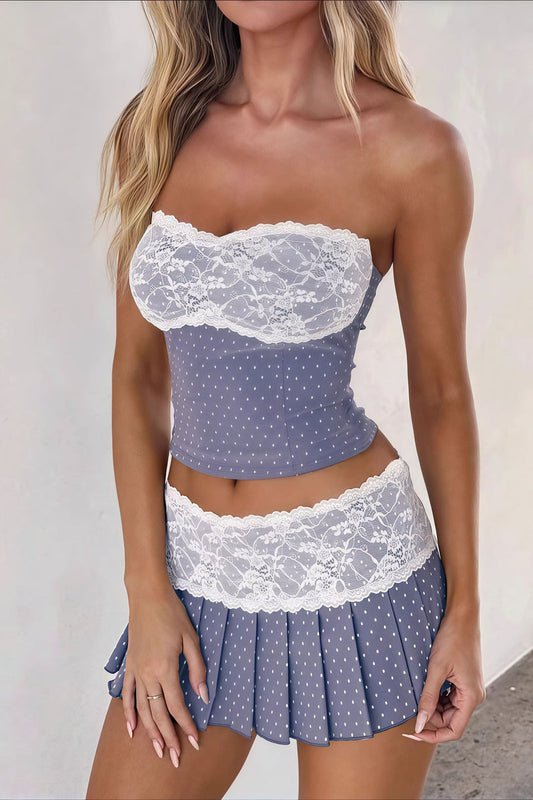 Lace Polka Dot Print Crop Tank Mini Skirt Set